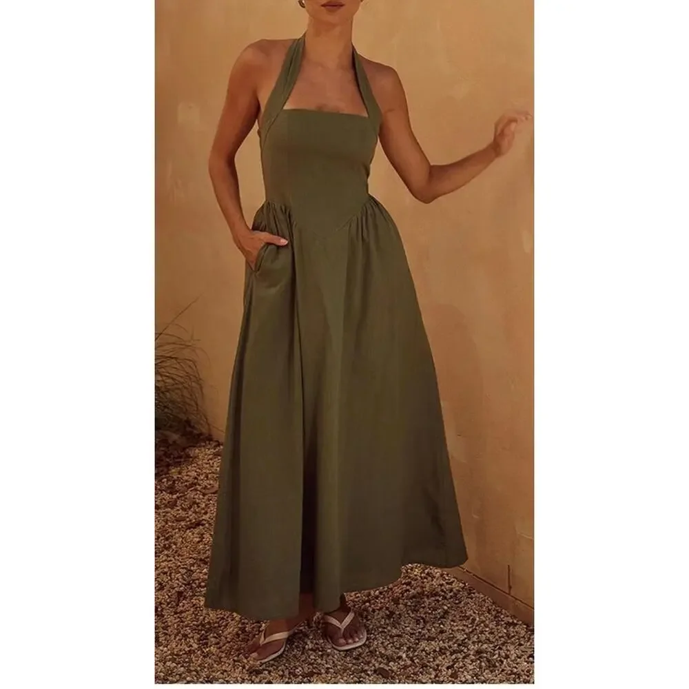 Commense Olive Green Linen and Cotton Halter Maxi Dress Sz S Boho Lagenlook NWT - Picture 1 of 9